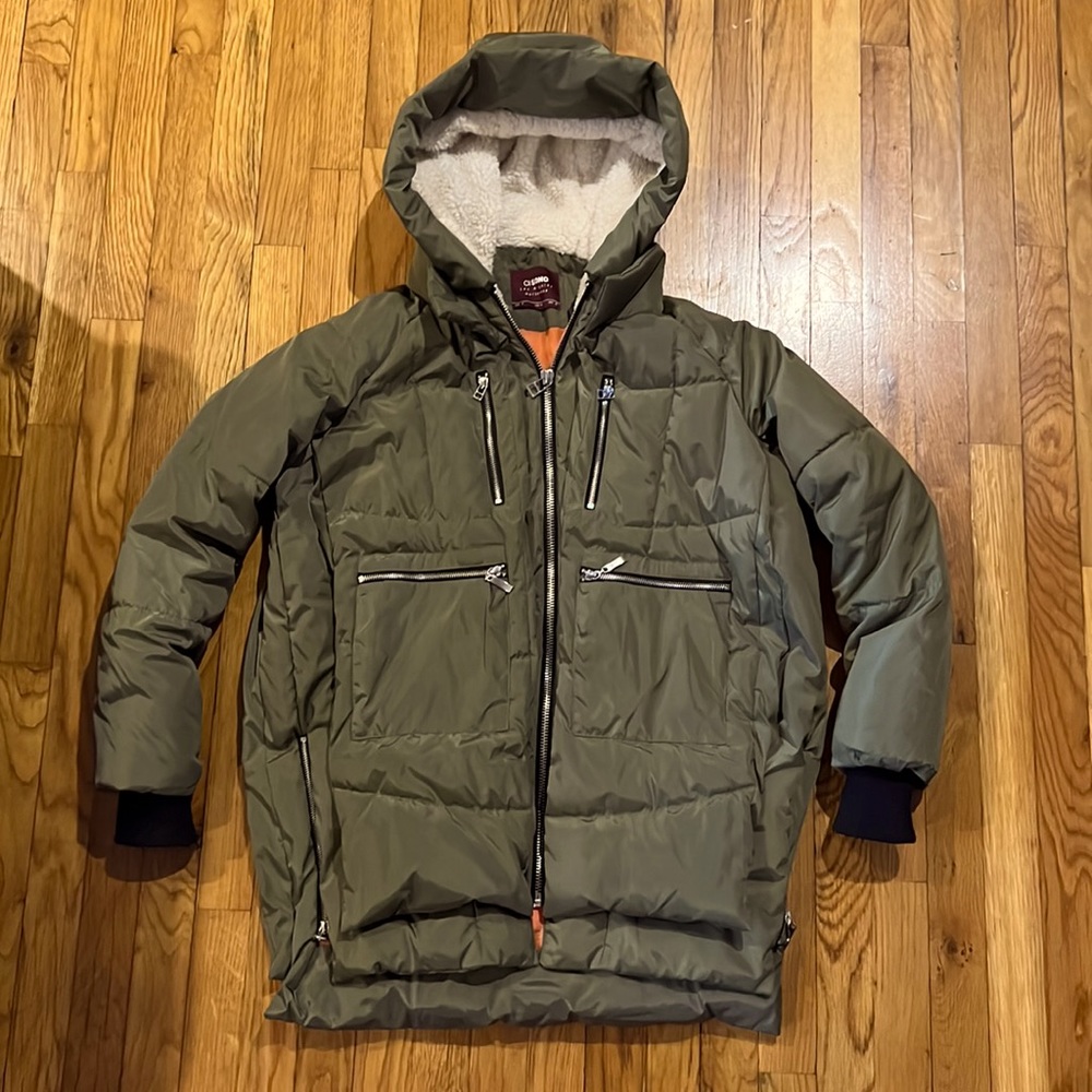 Olive green puff coat with inside Sherpa hood  - 3/4 length EXCELLENT CONDITION